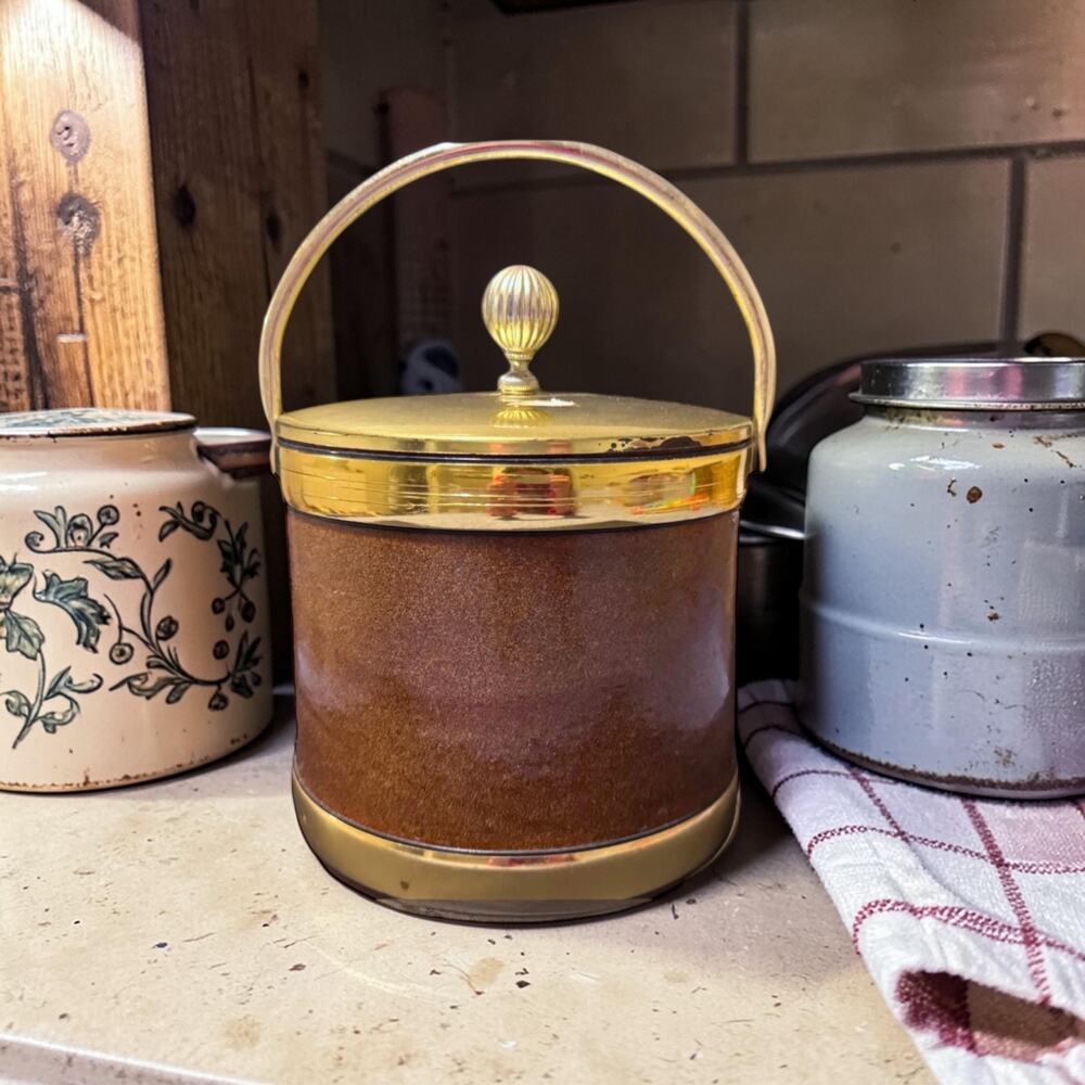 Mid-Century Brass & Faux Leather Ice Bucket: Retro Barware Decor
